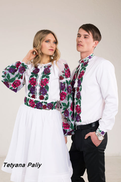 Kupava women's set (blouse, belt, skirt), Lukyan men's shirt