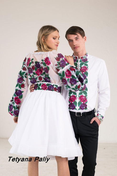 Kupava women's set (blouse, belt, skirt), Lukyan men's shirt