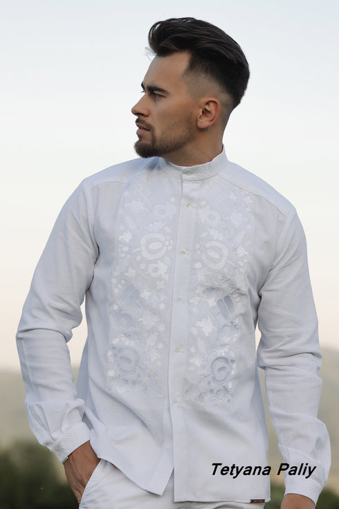 Petunia dress, men's Pitner shirt, white on white embroidery