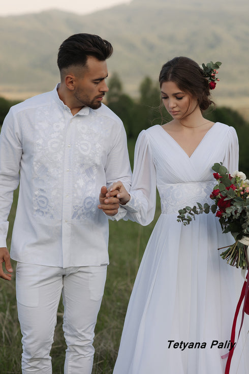 Dress Petunia, embroidery white on white, men's shirt Peter